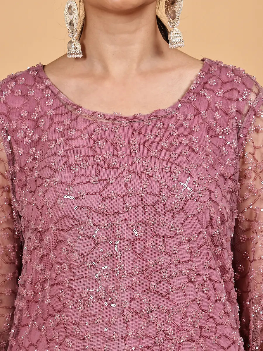Dusty Rose Net Embellished Kurta Set with Sheer Dupatta
