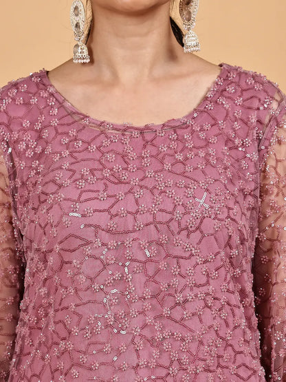 Dusty Rose Net Embellished Kurta Set with Sheer Dupatta
