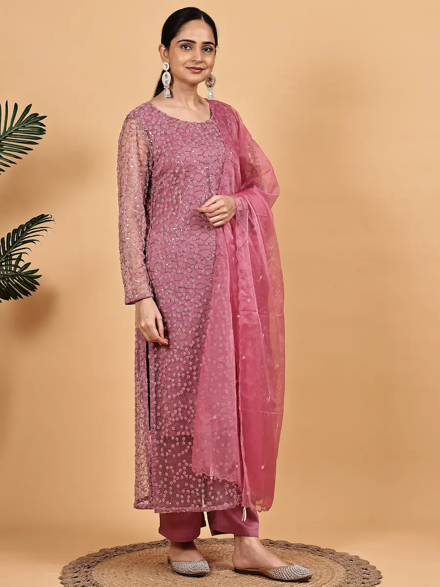 Dusty Rose Net Embellished Kurta Set with Sheer Dupatta