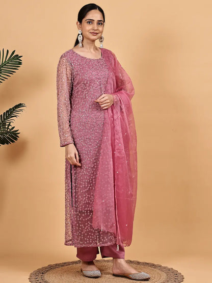 Dusty Rose Net Embellished Kurta Set with Sheer Dupatta