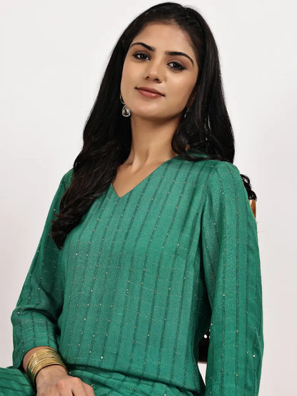 Emerald Green Self-Patterned Kurta with pant
