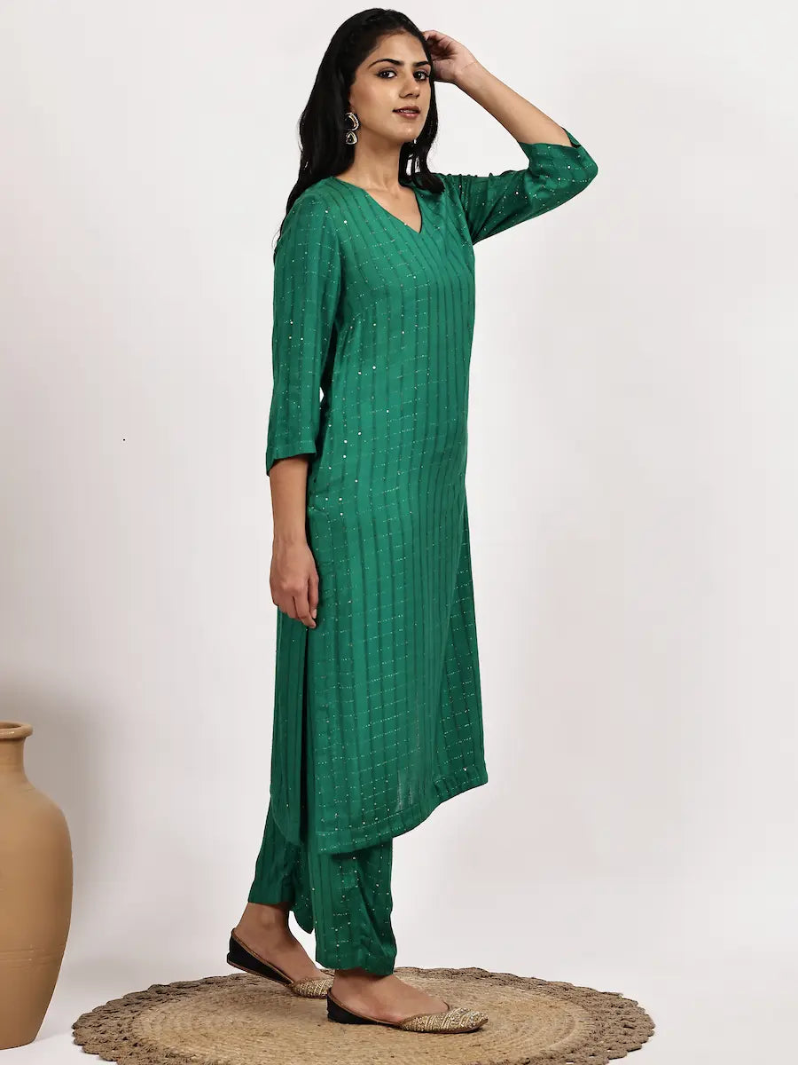 Emerald Green Self-Patterned Kurta with pant