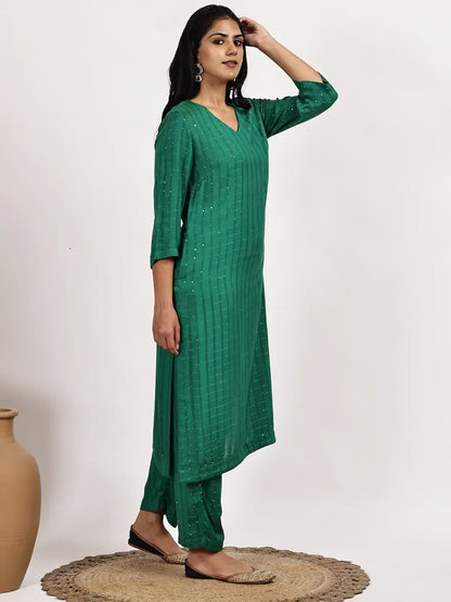Emerald Green Self-Patterned Kurta with pant