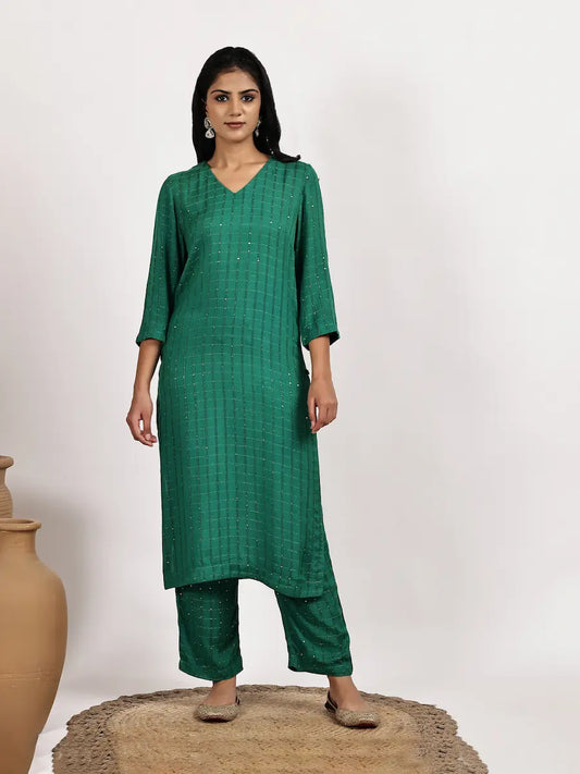 Emerald Green Self-Patterned Kurta with pant