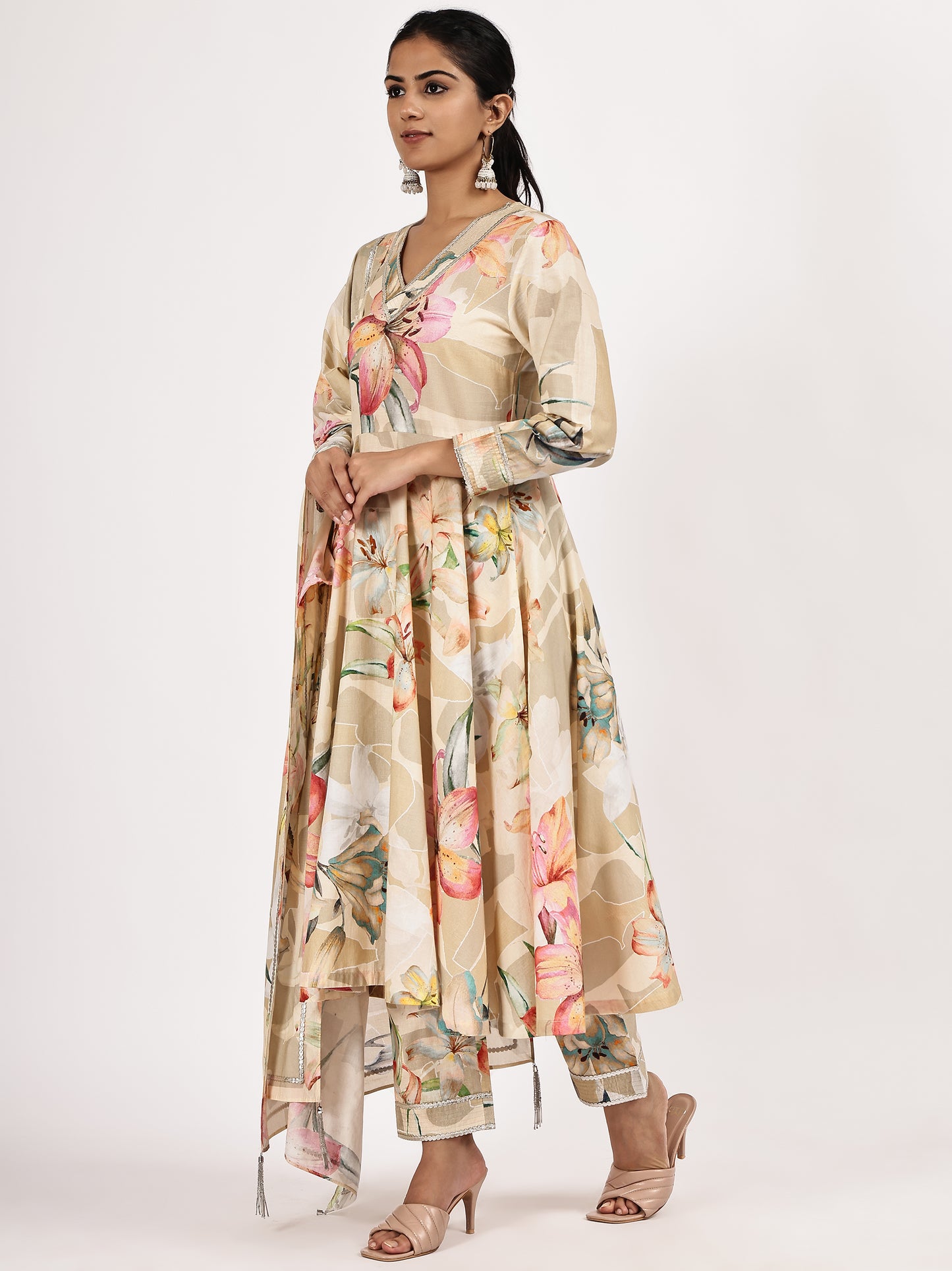 Floral Printed Cambric Cotton Flairef Kurta Set with Matching Dupatta