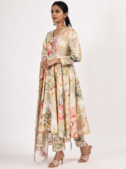 Floral Printed Cambric Cotton Flairef Kurta Set with Matching Dupatta