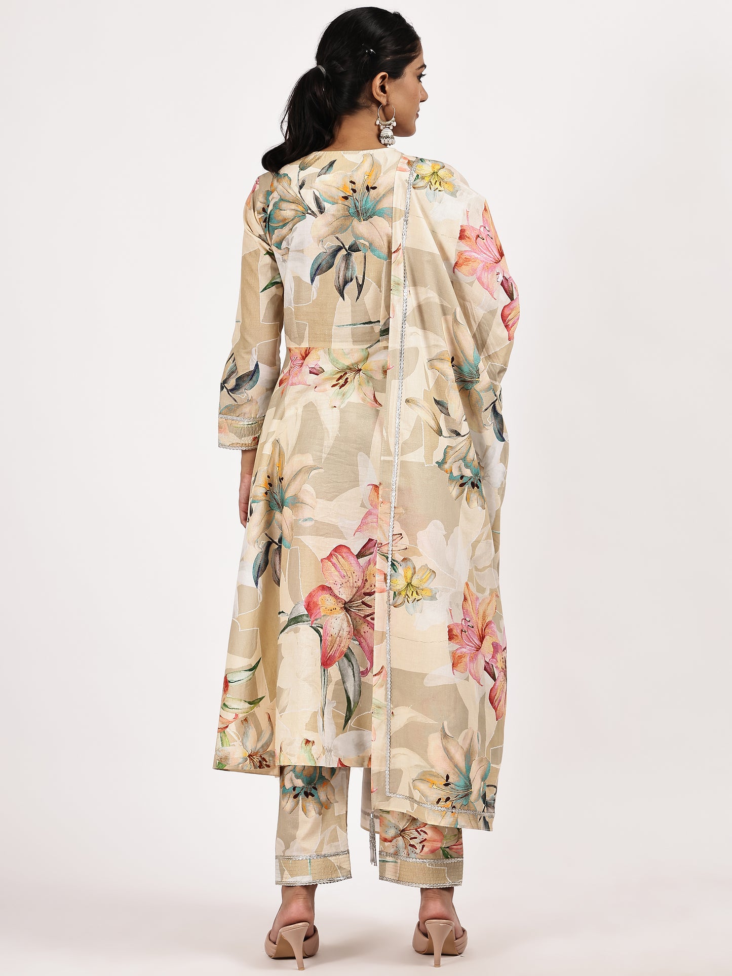 Floral Printed Cambric Cotton Flairef Kurta Set with Matching Dupatta