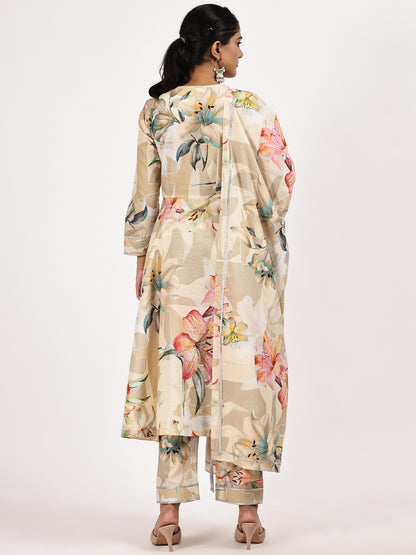 Floral Printed Cambric Cotton Flairef Kurta Set with Matching Dupatta