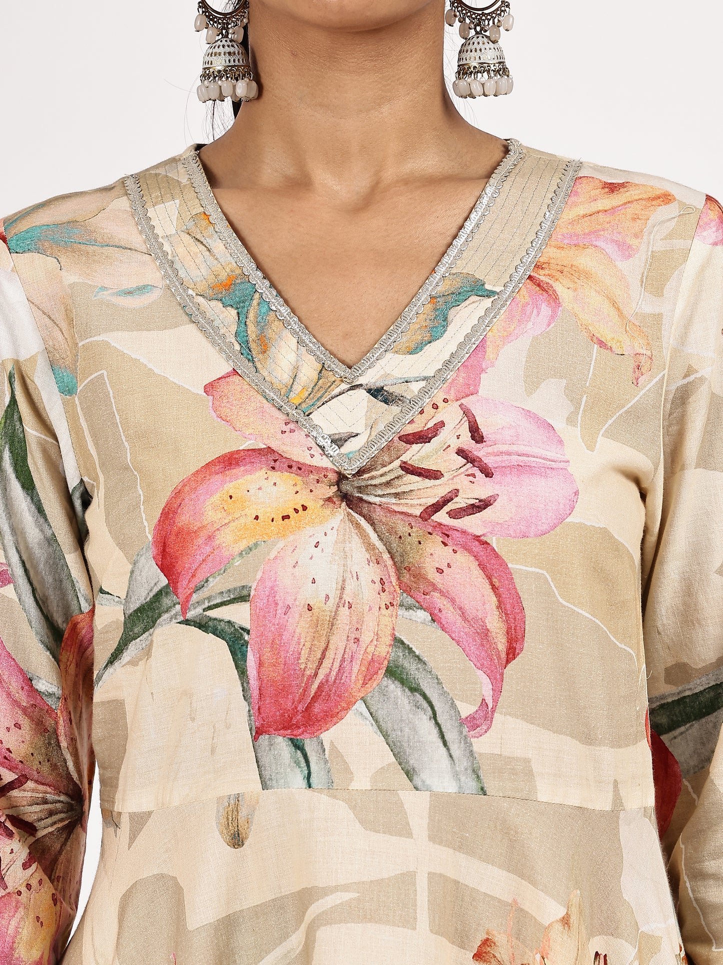 Floral Printed Cambric Cotton Flairef Kurta Set with Matching Dupatta