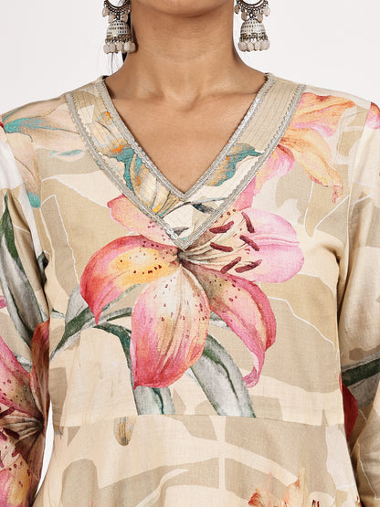 Floral Printed Cambric Cotton Flairef Kurta Set with Matching Dupatta