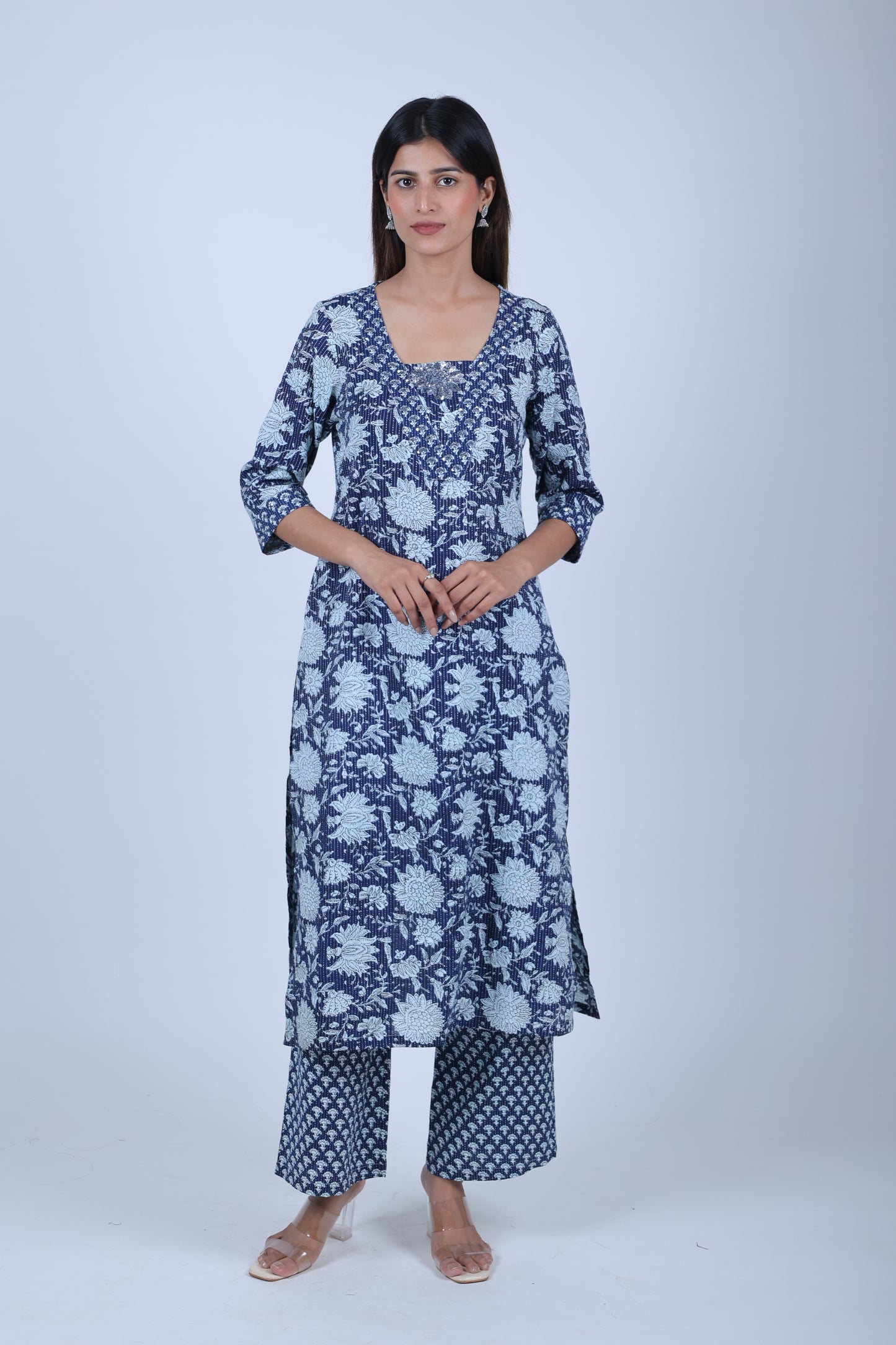 Royal blue printed Straight Kurta along with Pants & orgenza dupatta