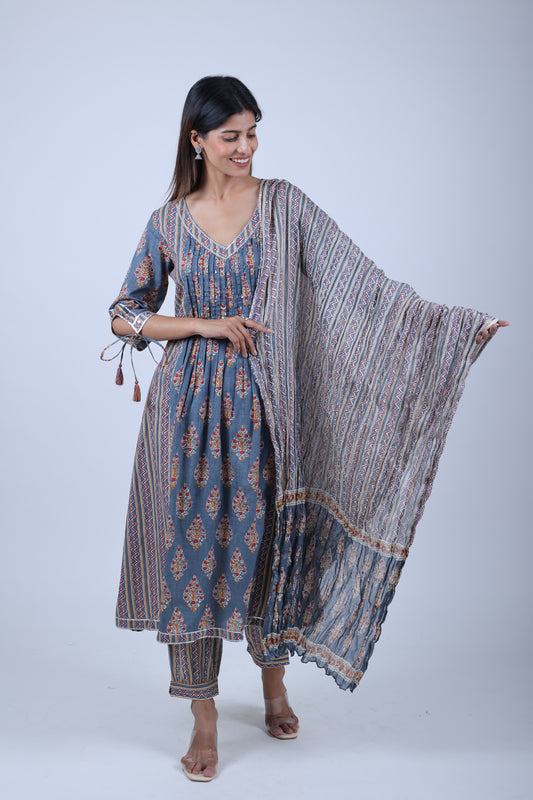 Gray Printed Straight Kurta Along With Printed Pants and Dupatta