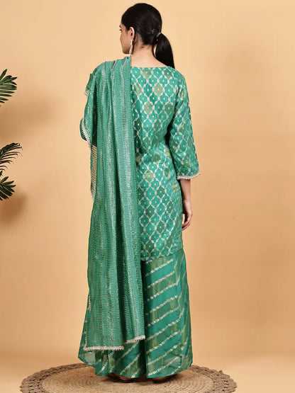 Green Jacquard Kurta Sharara Set with Premium Dupatta