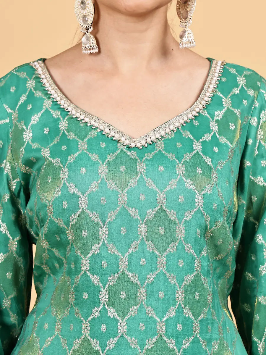Green Jacquard Kurta Sharara Set with Premium Dupatta