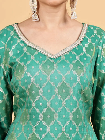 Green Jacquard Kurta Sharara Set with Premium Dupatta
