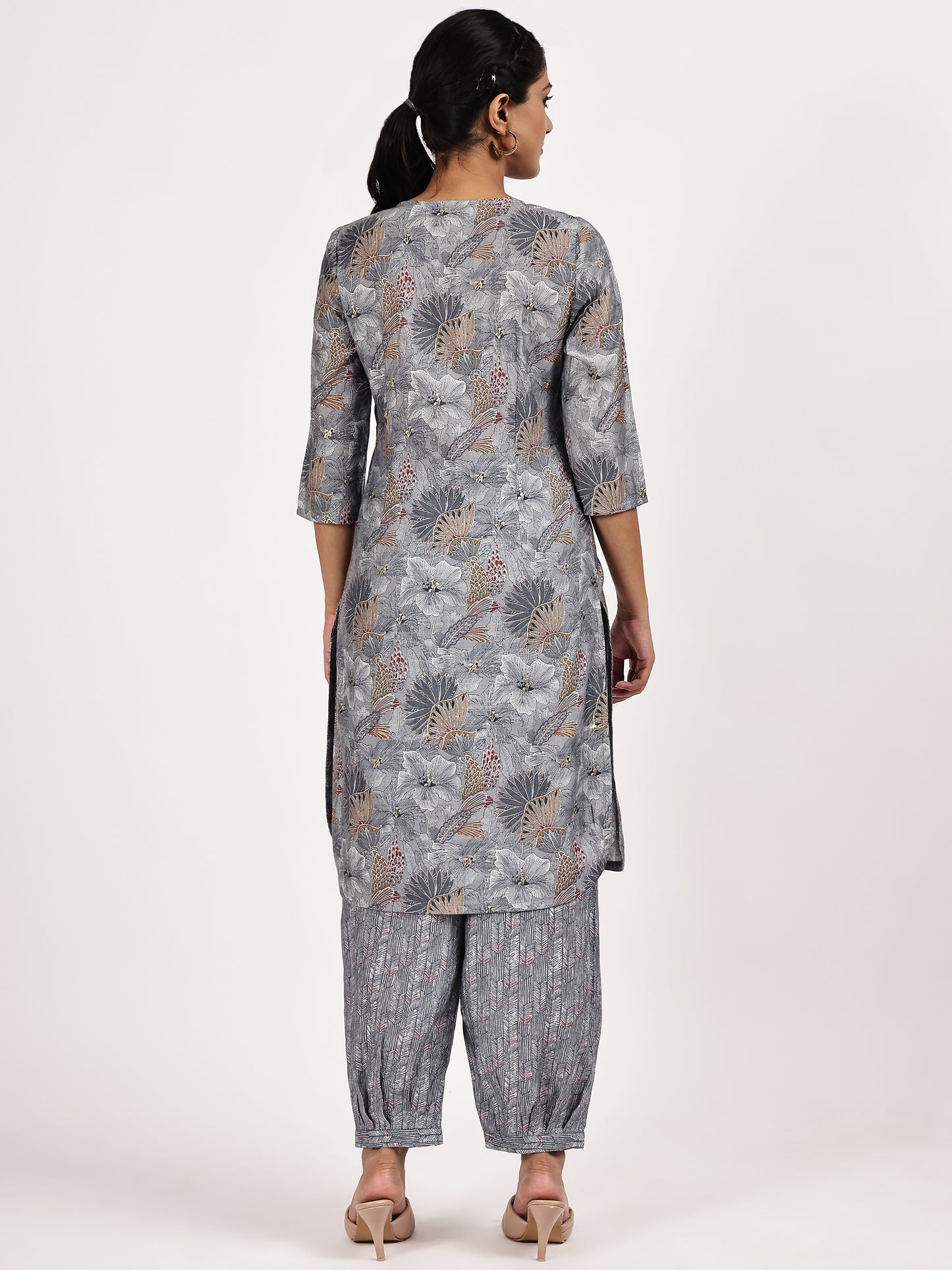 GreyCasualPrintedKurtawithafghanisalwarback