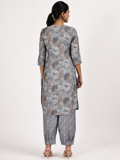 GreyCasualPrintedKurtawithafghanisalwarback