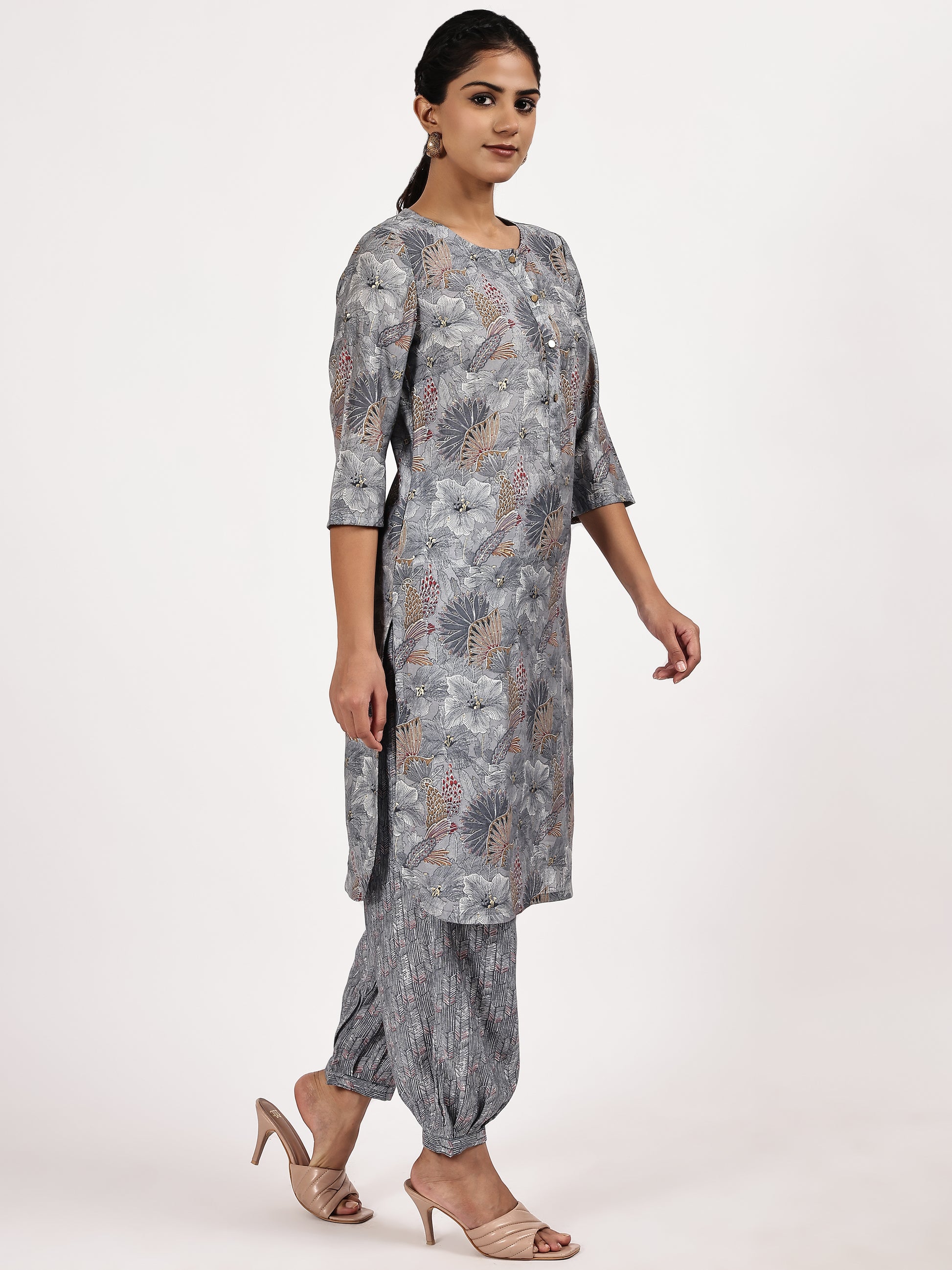 GreyCasualPrintedKurtawithafghanisalwarleftside