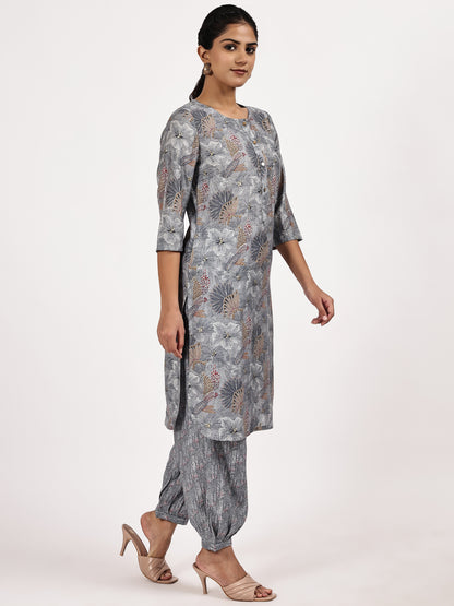 GreyCasualPrintedKurtawithafghanisalwarleftside