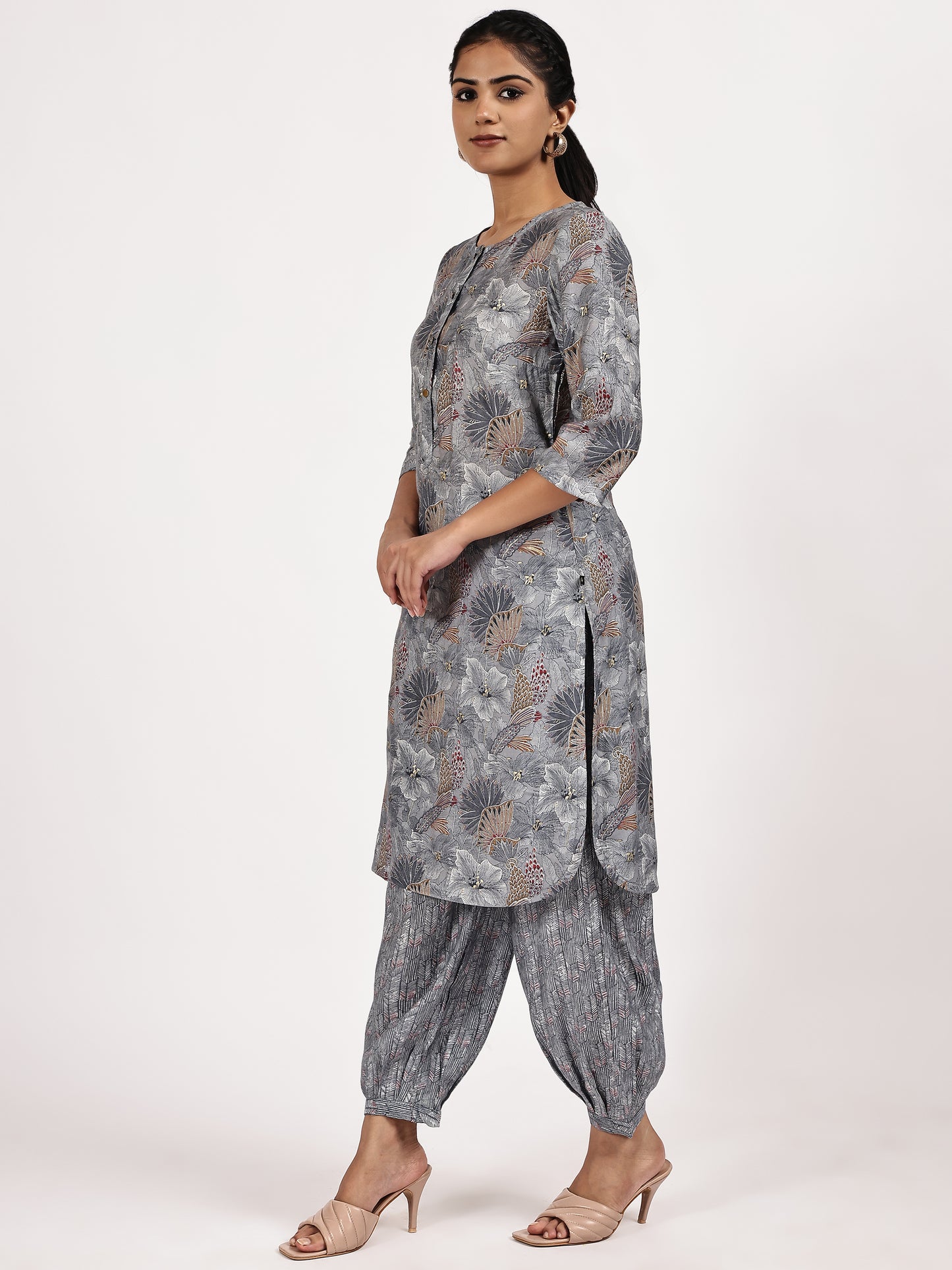 GreyCasualPrintedKurtawithafghanisalwarrightside