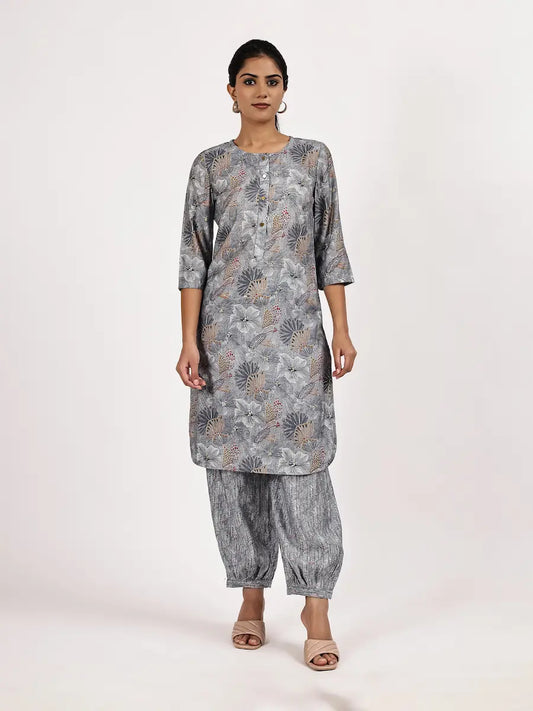 Grey Casual Printed Kurta with afghani salwar