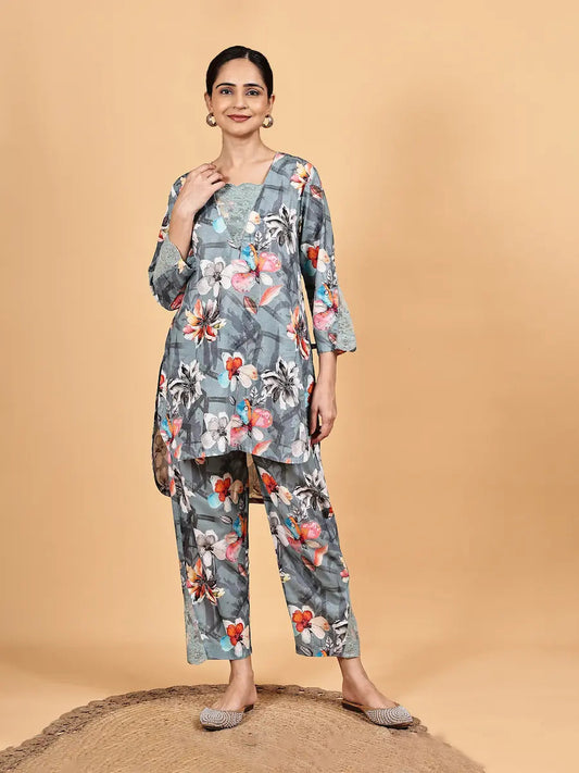 Grey Floral Printed Co-Ord Set – Effortless Travel Style House Of Paral