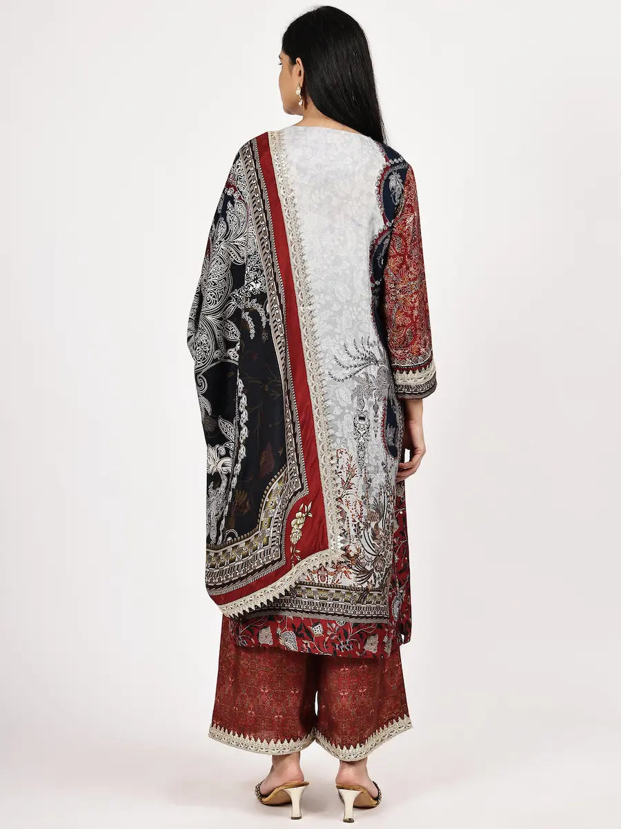 Grey and Maroon Printed Kurta Set with Dupatta