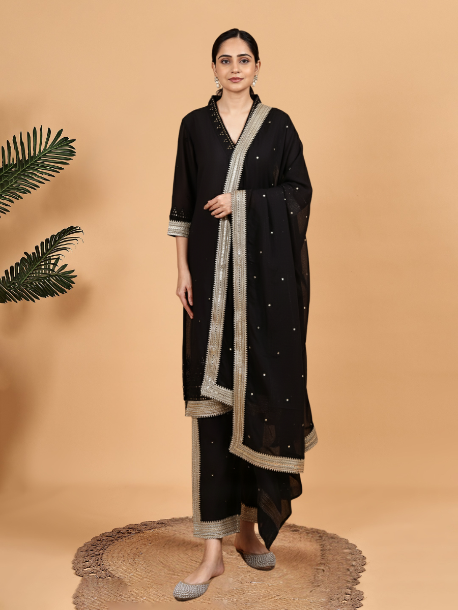 graceful-black-color-kurta-set-with-mirror-work-and-rich-golden-lace-dupatta
