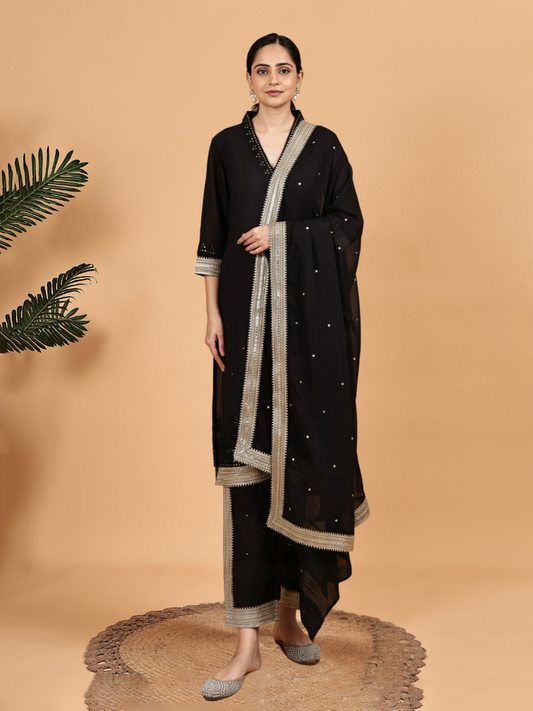 Graceful Black Color Kurta Set with Mirror Work and Rich Golden Lace Dupatta
