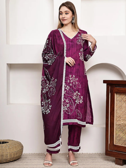 Soft Muslin Bandhani Kurta Set in Rich Plum with Stylish Lace Detailing