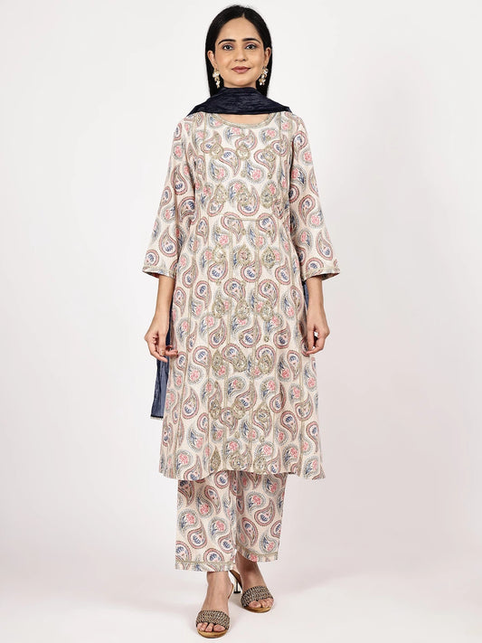 Linen Blend Kurta Set with Paisley Print & Blue Dupatta