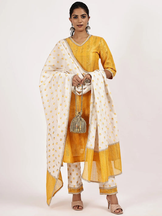 Festive Yellow Nylone Jacquard Ethnic Set with White Gold Dupatta