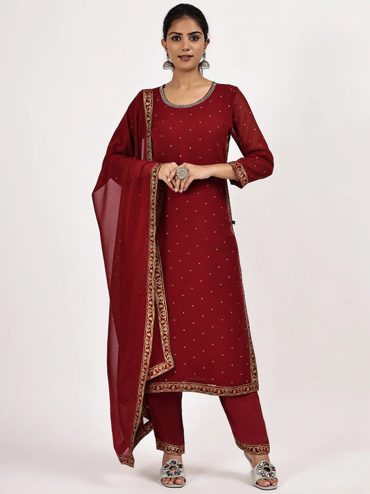 Maroon Embellished Kurta Set with Pants & Dupatta