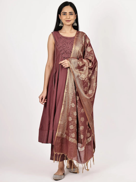 Elegant Coffee Brown Anarkali Set with Gold Brocade Dupatta