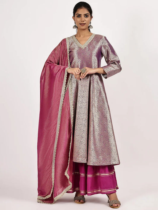 Purple Jacquard Kurta & Pink Palazzo Set for Women