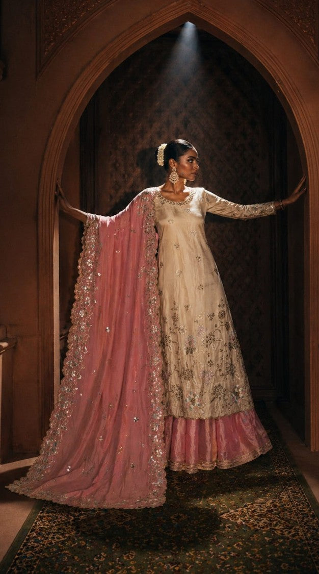 House of Paral Beige Embroidered Anarkali Suit Set with Pink Shimmer Bottom