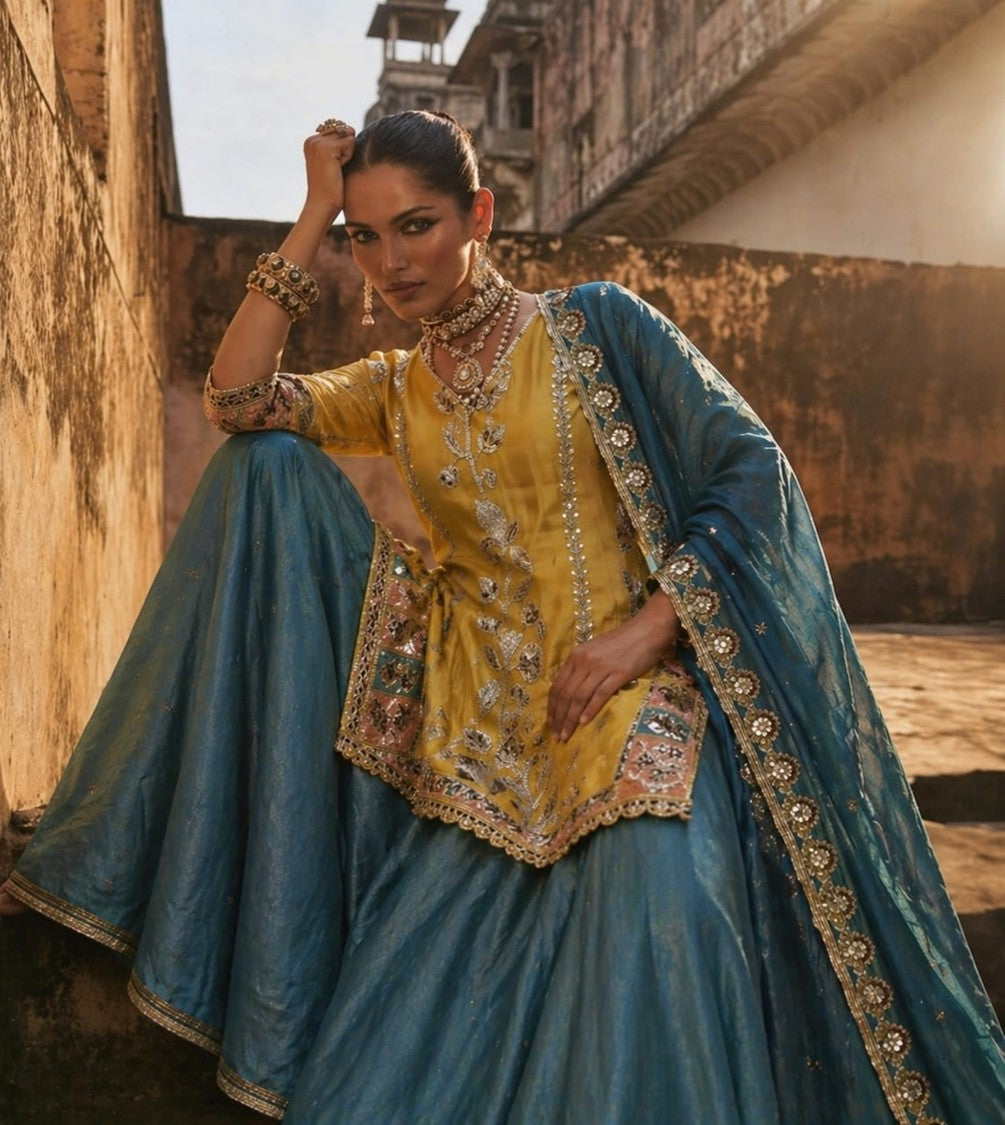 house-of-paral-mustard-yellow-traditional-suit-set-with-shimmer-bottom-embroidered-dupatta