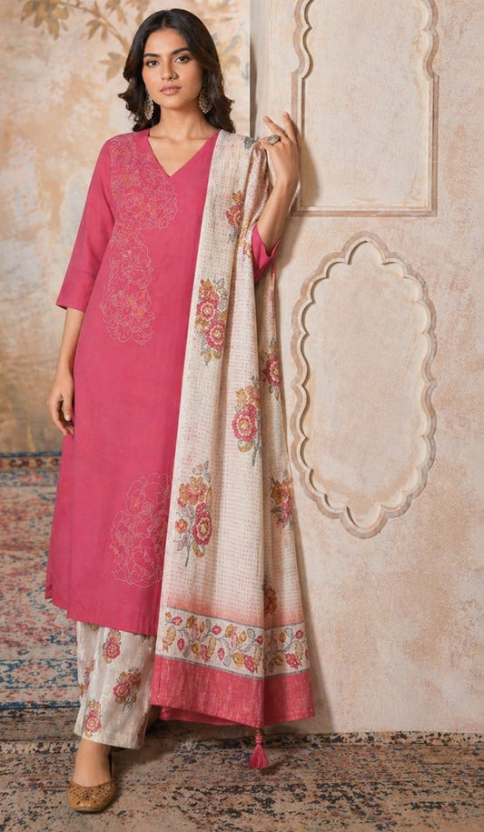 House of Paral Pink Floral Linen Blend Suit Set with Printed Dupatta
