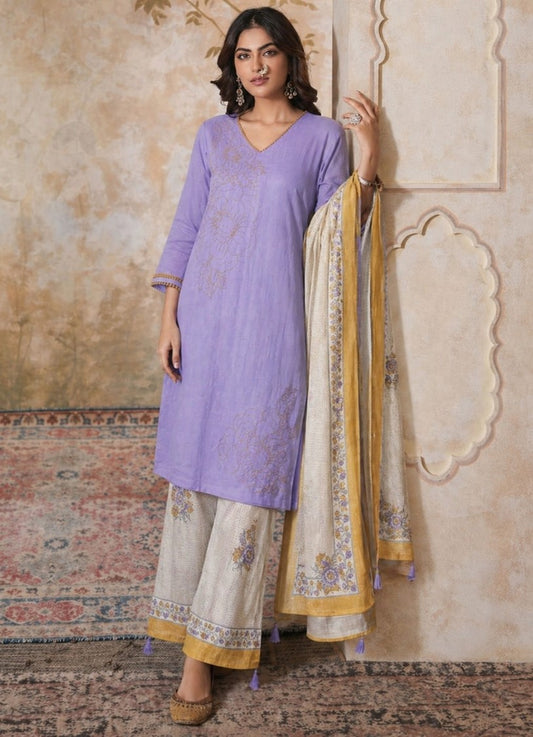 House of Paral Lavender Floral Linen Blend Suit Set with Dupatta