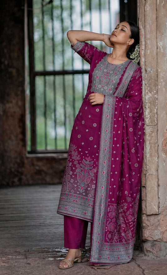 House of Paral Elegant Magenta Traditional Suit Set with Grey Detailing
