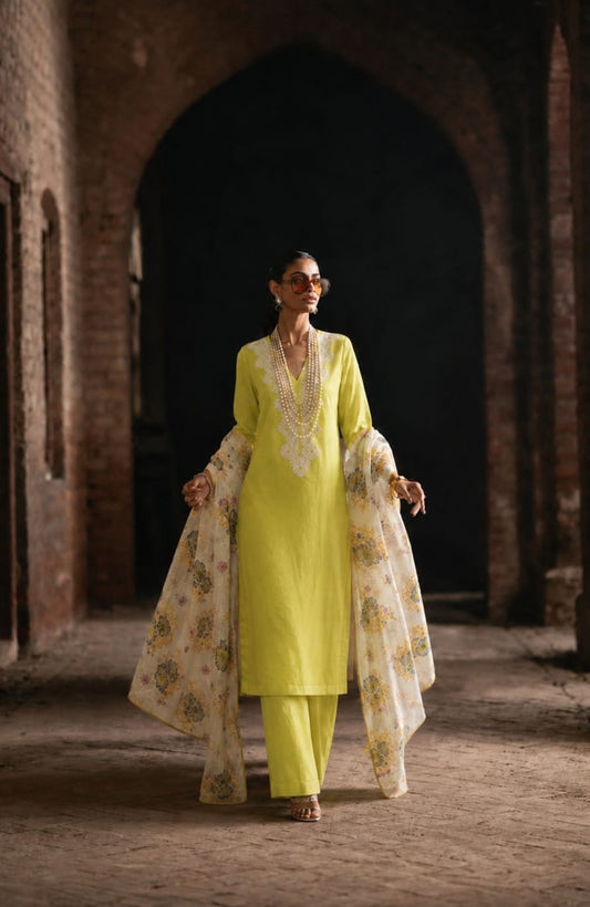 House of Paral Yellow Cotton Suit Set with Floral Chiffon Dupatta