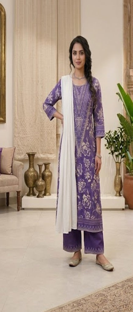 house-of-paral-purple-floral-printed-blend-suit-set-with-white-dupatta
