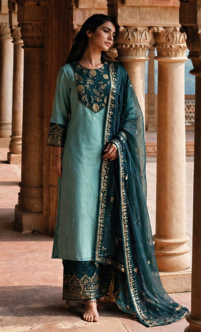 House Of Paral Elegant Teal Blue Ethnic Wear Suit Set with Matching Jacquard Dupatta