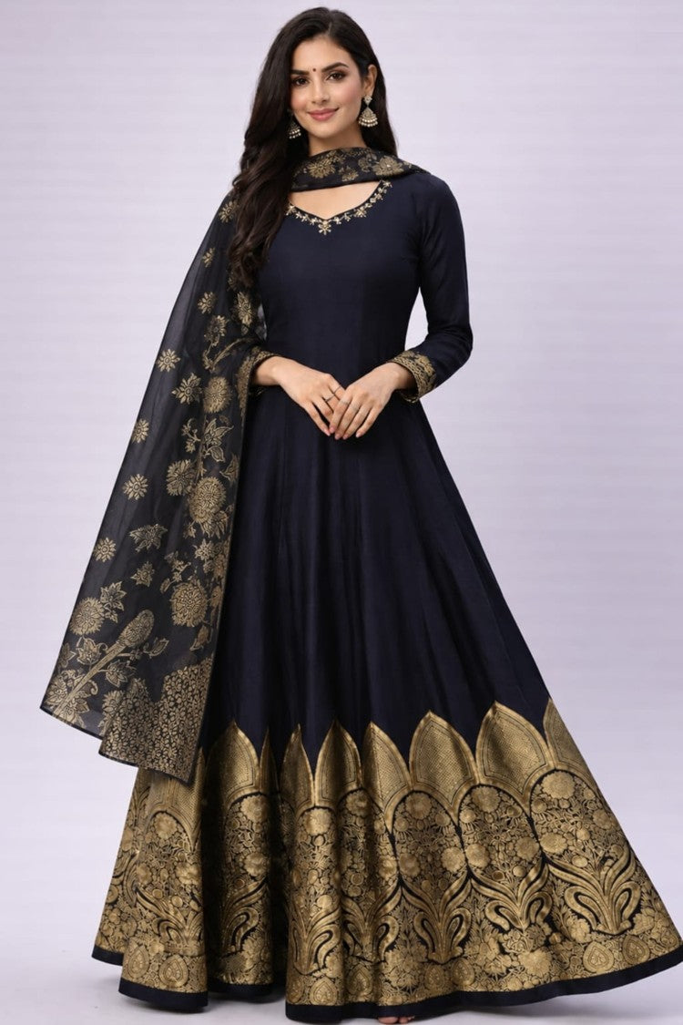 House of Paral Black Gold Print Anarkali Suit Set with Jacquard Dupatta