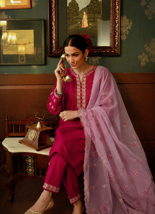 House of Paral Pink Magenta Embroidered Blend Suit Set with Net Dupatta