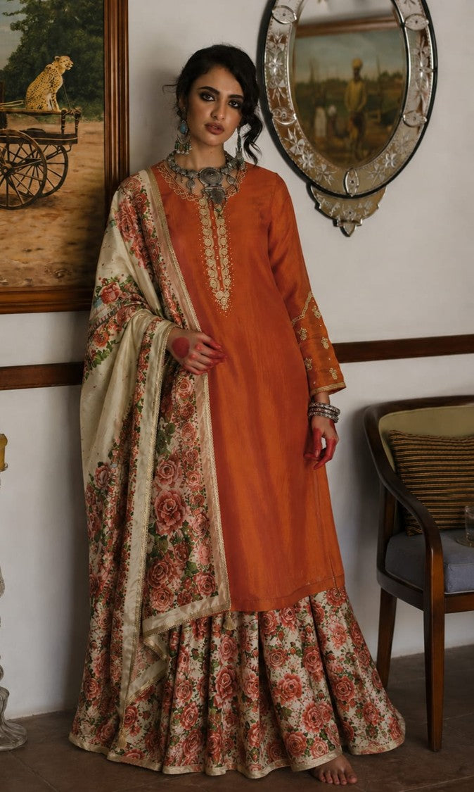 House of Paral Orange Ethnic Suit Set with Floral Printed Bottom