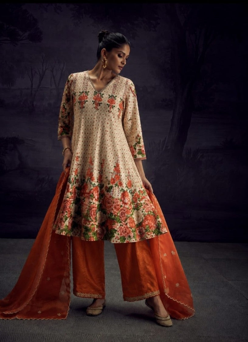 House of Paral Cream Floral Printed Suit Set with Orange Dupatta