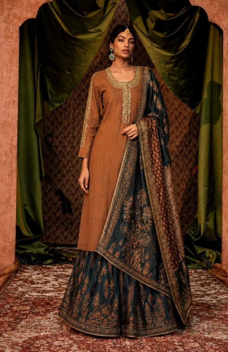 House of Paral Rust Orange Suit Set with Printed Bottom & Dupatta