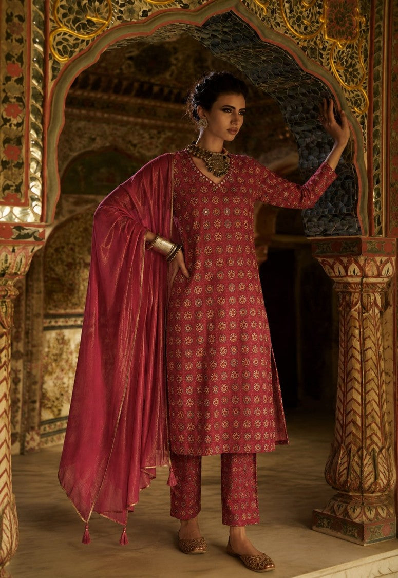 house-of-paral-maroon-embossed-blend-suit-set-for-women