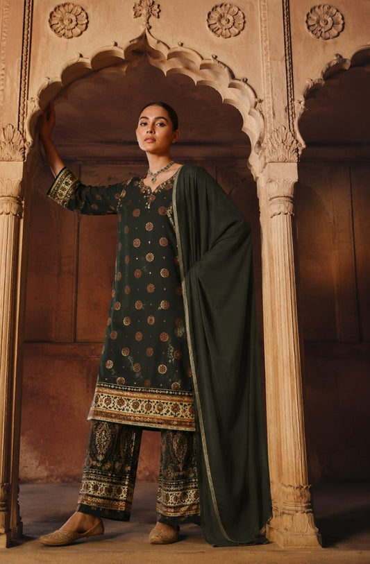 House of Paral Dark Green Nylon Viscose Kurta with Matching Pant
